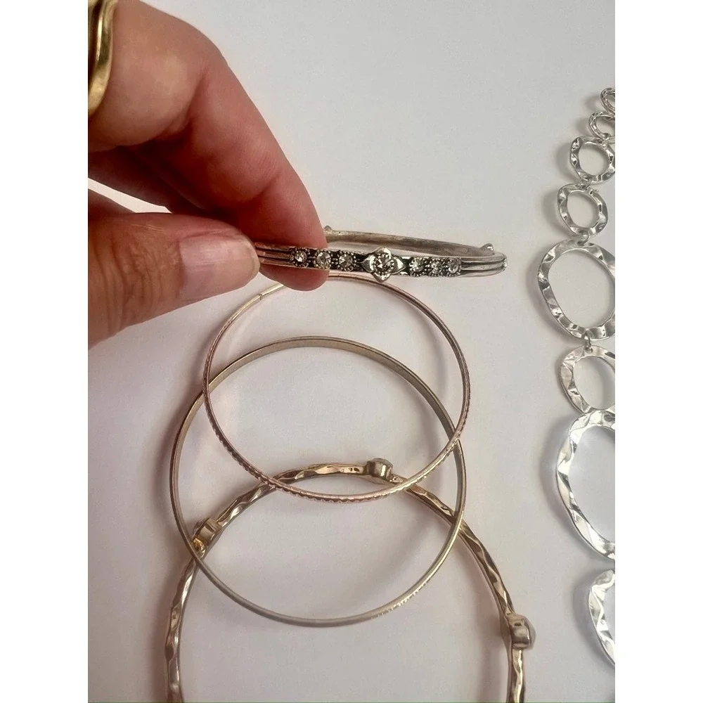 Two Necklaces & Bangle Lot‎ - Silver Tone Chain Link Statement Jewelry Set